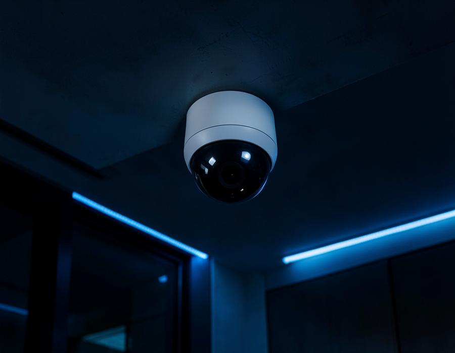 Câmera CFTV IP tipo dome instalada no teto