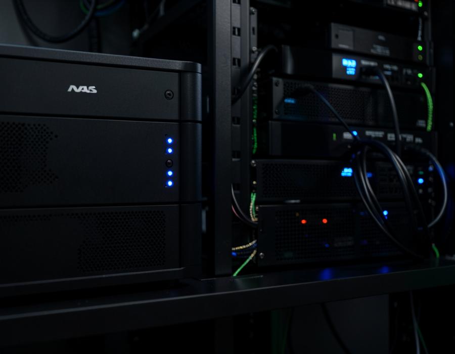 Servidor NAS com LEDs azuis em rack