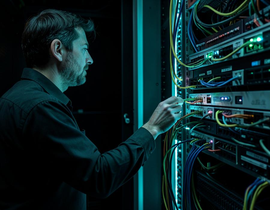 Técnico conectando cabos de rede em patch panel